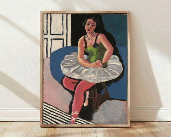 Minimalist line drawing of a seated ballet dancer in elegant pose, framed poster art in the Matisse style with flowing black lines on a soft neutral background.