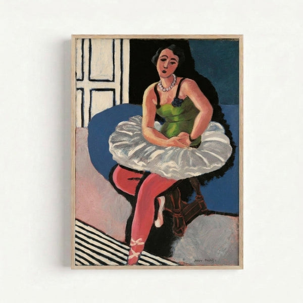 Matisse-inspired modern art print depicting a graceful dancer seated on a stool, rendered in simple continuous line work with a serene, contemplative mood.