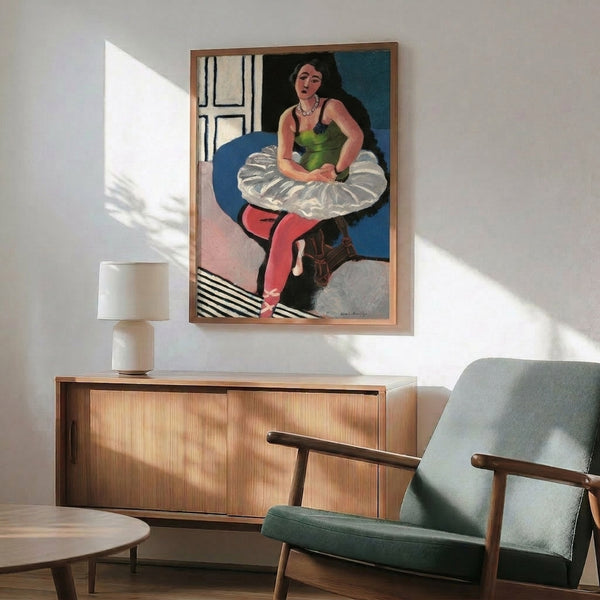 Modernist poster art of a thoughtful ballet dancer in seated position, distinguished by expressive single-line illustration technique in black ink.