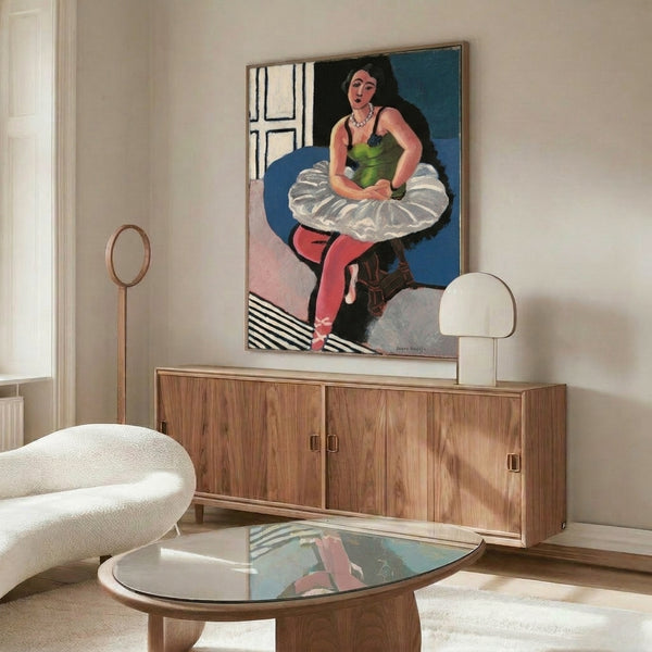 Elegant line art framed print of a resting dancer on a stool, embodying the simplicity and grace of Matisse's distinctive artistic approach.