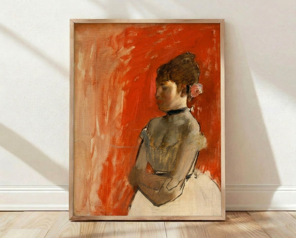 Watercolor painting of a ballet dancer with arms crossed in classical pose, rendered in soft impressionist style with muted earth tones and delicate brushwork, framed on a wall.