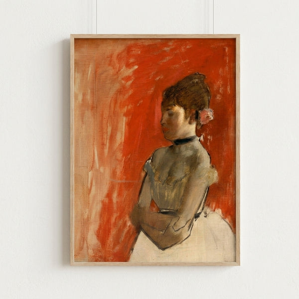Vintage impressionist artwork depicting a faceless female dancer with crossed arms, painted in warm ochres and grays with loose watercolor technique, displayed as a framed wall print.