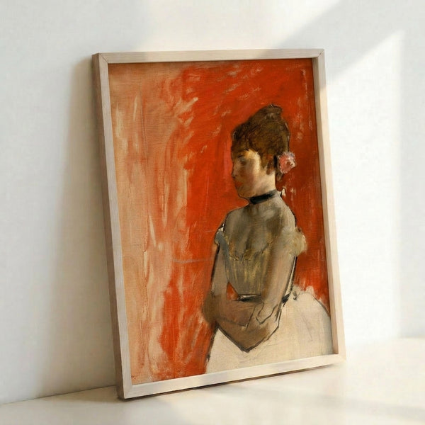 Soft watercolor portrait of a ballerina in a contemplative pose with crossed arms, featuring the impressionist aesthetic characteristic of classical dance art, matted and framed.