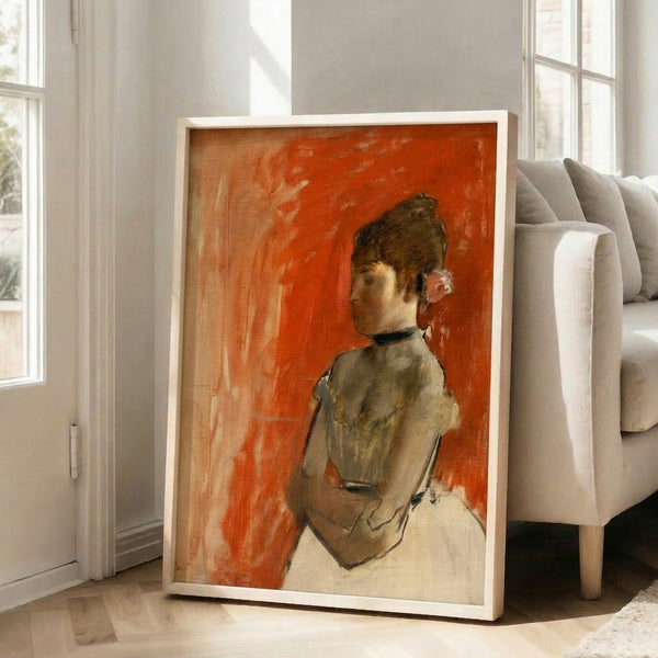 Impressionist-style watercolor of a graceful dancer with arms folded across her body, executed in subdued palette of creams, browns, and soft grays, hung as a wall-mounted artwork.
