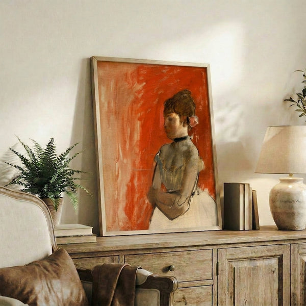Faceless ballet dancer figure with crossed arms captured in delicate watercolor impressionism, using a restrained palette of warm neutrals and cool shadows, framed for wall display.