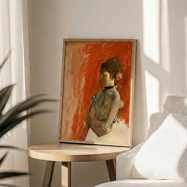 Contemplative watercolor study of a classical dancer in crossed-arm pose, rendered in the impressionist manner with soft pigmentation and minimal detail, mounted as a framed poster.