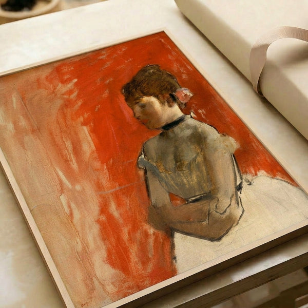 Vintage impressionist watercolor of a young ballerina with arms crossed, painted in muted tones with loose, expressive brushstrokes, presented as a framed fine art print.