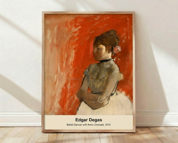 Impressionist watercolor painting of a ballet dancer with crossed arms in ochre, cream, and soft gold tones, capturing a graceful and contemplative pose.