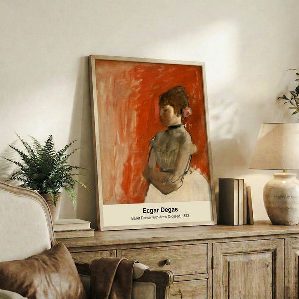 Contemplative dance-themed wall art in the style of classical impressionism, depicting a crossed-arm pose in warm, earthy tones.