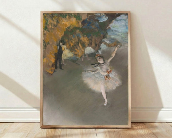 Framed Impressionist ballet poster featuring delicate dancers in soft pastels and muted earth tones, evoking the graceful elegance of classical dance.