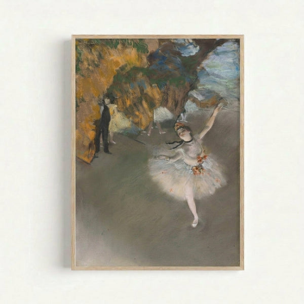 Vintage-style ballet art print with ethereal figures in pointe shoes, rendered in warm beige and pale blue tones characteristic of 19th-century Impressionism.