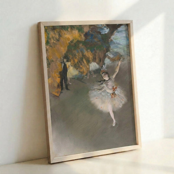 Framed poster of ballet dancers captured in gentle movement, displaying the serene mood and soft color palette typical of classical dance artwork.