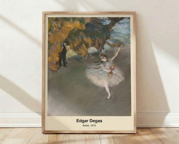 Impressionist ballet scene featuring graceful female dancers on stage, rendered in soft cream, ochre, and black tones with contemplative mood.