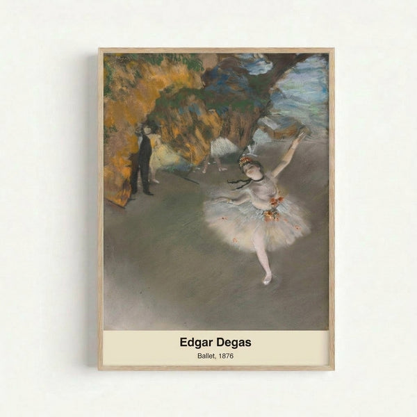 Degas-style framed poster showing theatrical ballet dancers in muted earth tones and soft greens, capturing a moment of poised elegance.