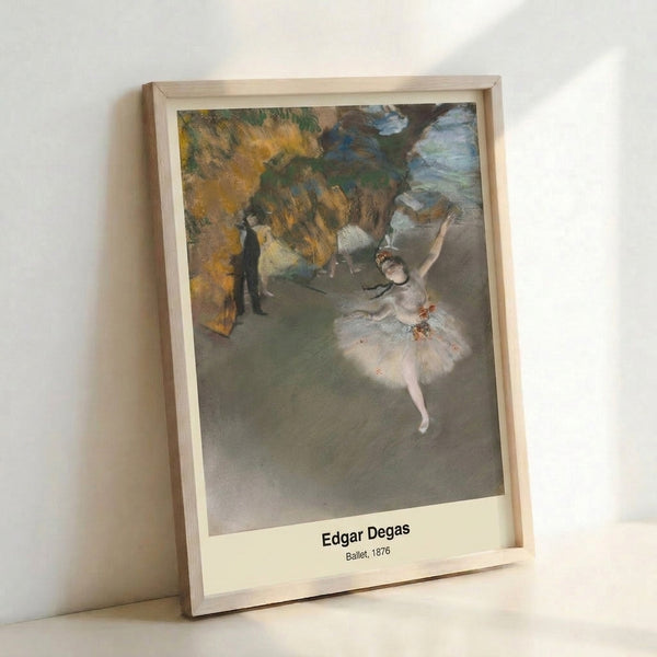 Vintage Impressionist art print depicting female ballet performers in cream and ochre hues, evoking the graceful atmosphere of 1876 stage performance.