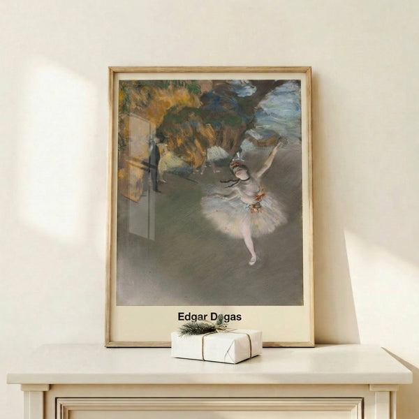 Framed wall art of dancers in classical ballet pose, painted in soft palette of cream, black, and gentle green tones with contemplative theatrical quality.