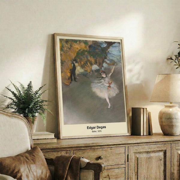 Ballet dancers framed art print in Impressionist style, featuring soft cream and ochre palette with theatrical mood and refined contemplative energy.