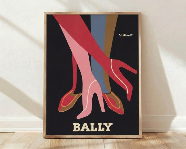 Art Deco vintage poster featuring a glamorous woman's legs in red heels and pink stockings against a sophisticated blue and brown composition, framed on a wall.