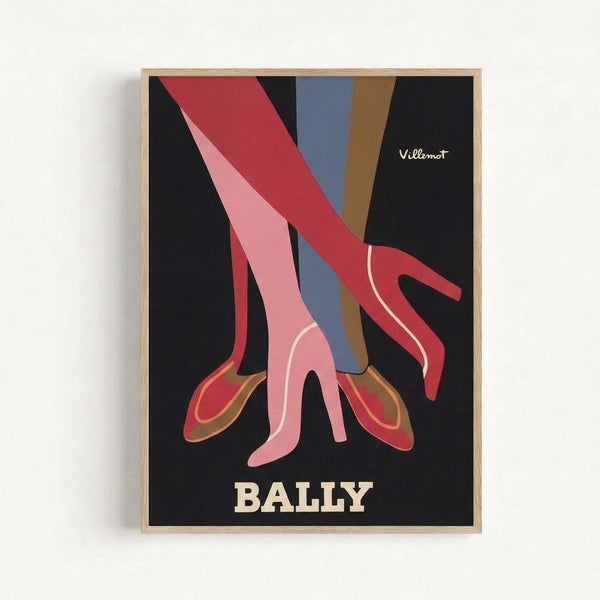 Stylish retro fashion poster with elegant legs in red shoes, rendered in bold Art Deco colors of pink, blue, and black, displayed as framed wall art.