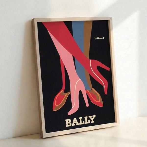 Sophisticated vintage poster showcasing a fashionable woman's legs in red heels, executed in classic Art Deco style with warm brown and cool blue tones.