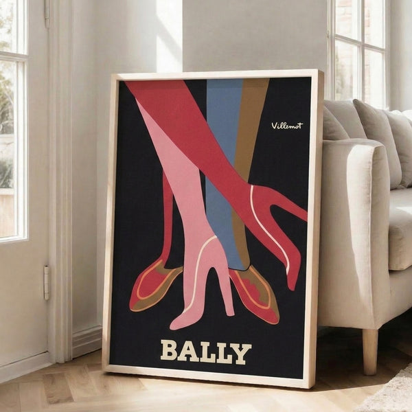 Glamorous retro fashion artwork featuring striking red heels and pink hosiery, designed in Art Deco aesthetic with brown, blue, and black accents, hung as a framed print.