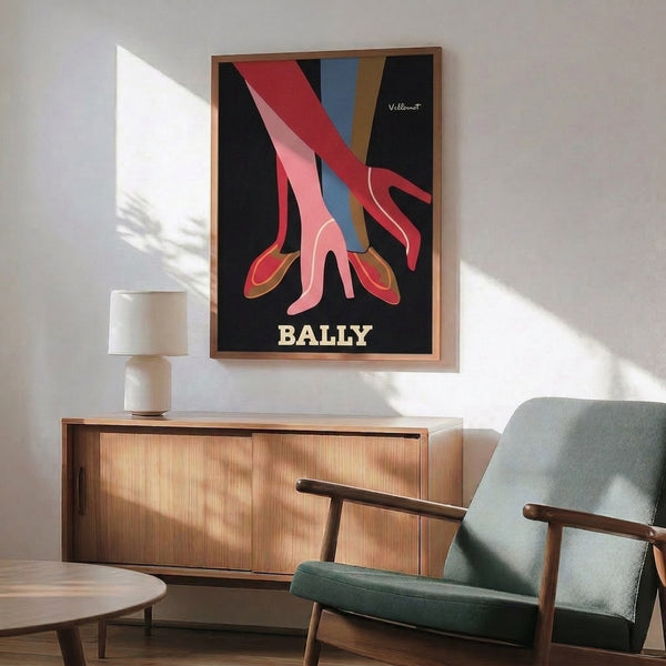 Vintage Art Deco poster depicting chic legs in red footwear against a palette of pink, blue, and brown, capturing sophisticated 1920s-inspired style as wall decor.