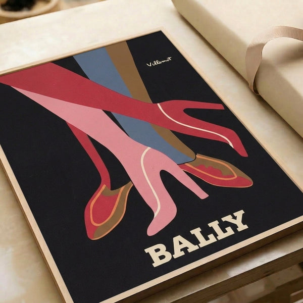Retro fashion poster with stylish red-heeled legs in an Art Deco composition using pink, blue, brown, and black, presented as a framed gallery-style print.
