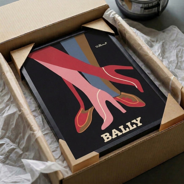 Elegant vintage-style poster showcasing fashionable legs in red shoes with Art Deco geometric elements in pink, blue, and brown tones, framed for wall display.