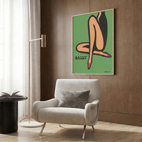 Retro fashion artwork featuring a chic woman striking a playful pose with crossed legs, vintage Art Deco design in sage green, rose pink, peach, and charcoal.