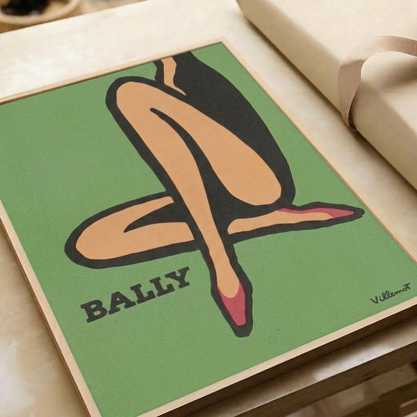 Vintage Art Deco fashion print showing a glamorous woman with crossed legs and heeled shoes, evoking 1920s sophistication in peach, sage green, and charcoal black.