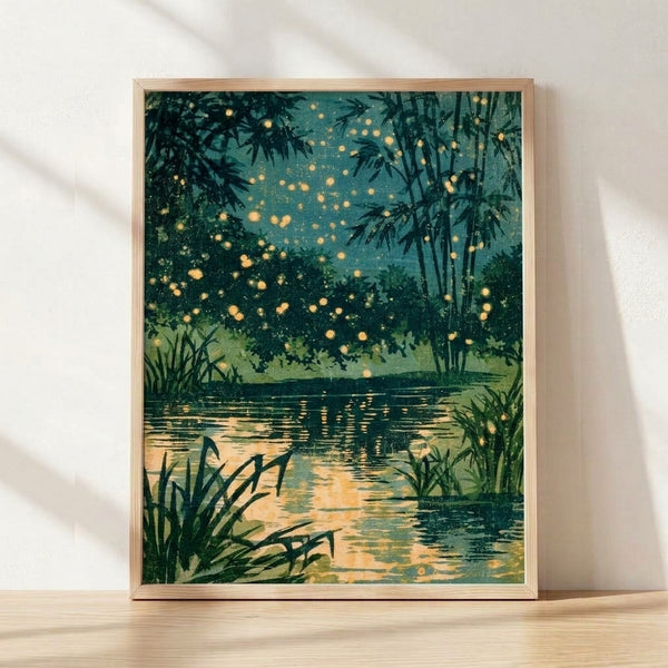 Serene vintage Japandi poster featuring glowing fireflies hovering above a still pond surrounded by bamboo and reeds in teal, gold, and dark green tones.
