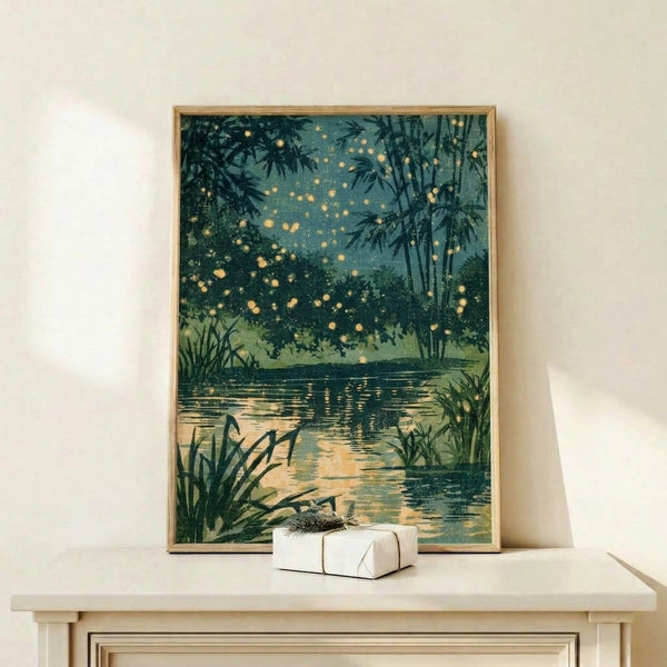 Mystical night scene art print with luminescent fireflies dancing over water, bamboo grove, and water lilies in a contemplative Japandi style with cream and jewel-toned palette.