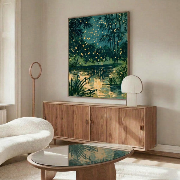 Japandi wall art showing a meditative nocturnal landscape with glowing fireflies, still water, and bamboo in soft cream, teal, and dark green hues.