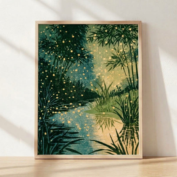 Serene Japanese woodblock-style framed poster depicting fireflies glowing above a bamboo stream at night, rendered in forest green, teal, and gold tones with an impressionist touch.