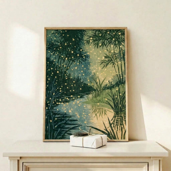 Mystical Japandi art print showing luminous fireflies hovering over water surrounded by bamboo forest, featuring a contemplative palette of charcoal, cream, and teal hues.