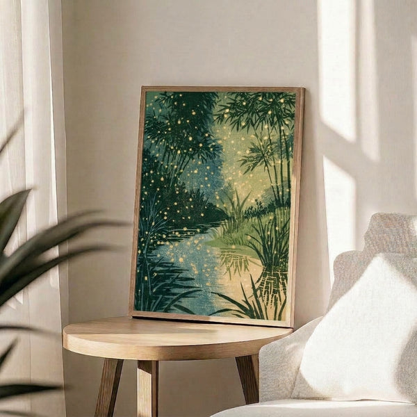 Framed poster artwork of a tranquil bamboo pond at night with golden fireflies dancing above the water, blending Japanese woodblock aesthetics with impressionist brushwork in earthy greens and soft metallics.