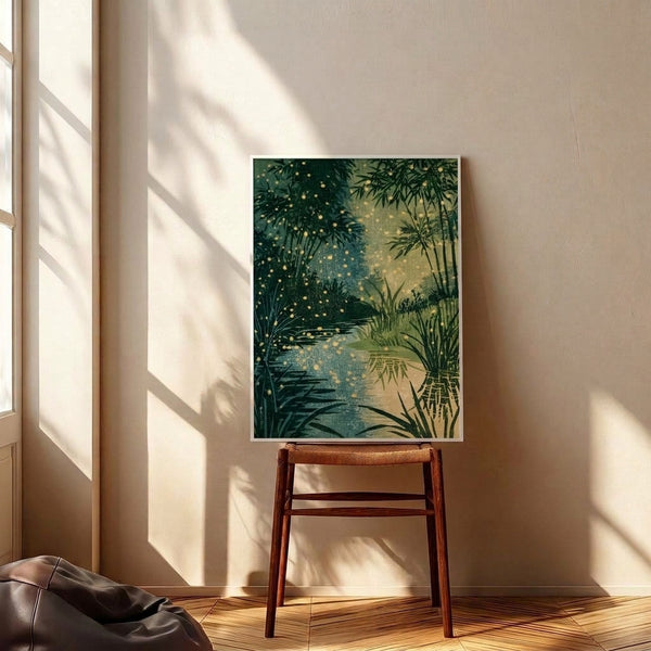 Contemplative wall art print capturing fireflies glowing over a serene bamboo stream, executed in Japanese artistic style with a restful composition of forest green, teal, and cream tones.