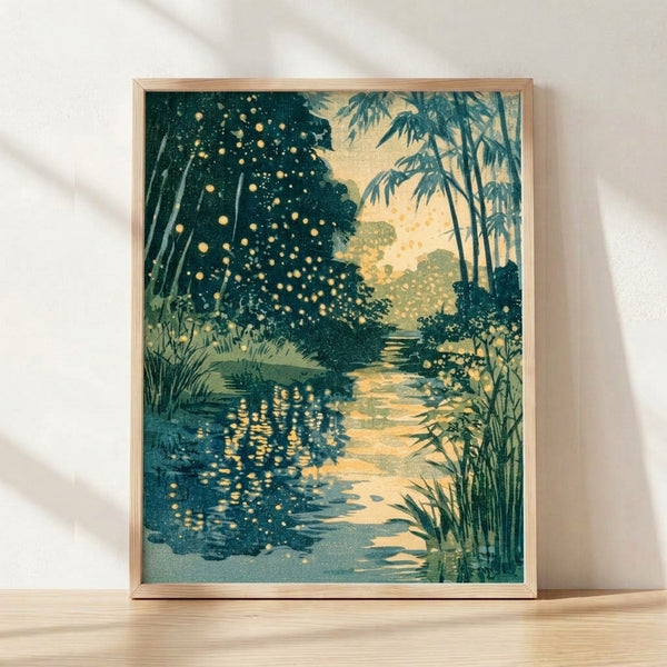 Serene Japanese woodblock print depicting fireflies glowing above a gentle stream winding through a bamboo forest, rendered in teal, cream, gold, and deep green tones.