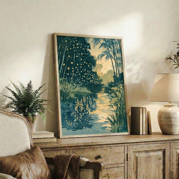 Vintage-style ukiyo-e art print featuring luminescent fireflies hovering over water amid tall bamboo and forest trees, evoking a contemplative and magical mood in muted earth tones.