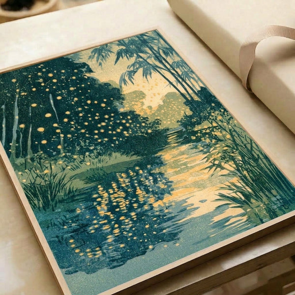 Japandi wall art print depicting a mystical nocturnal landscape where fireflies dance above a forest stream bordered by bamboo, rendered in soft cream, dark green, and gold hues.