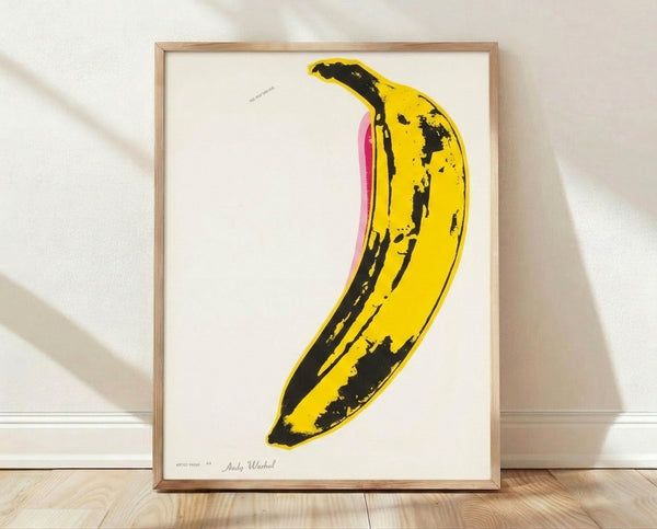 Vibrant pop art poster of a yellow banana with bold graphic outline, inspired by iconic 1960s modern art style and contemporary wall decor.