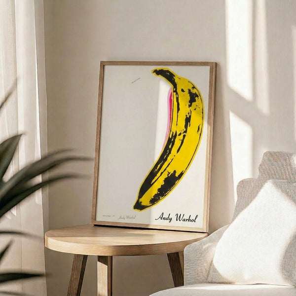 Cheerful banana artwork rendered in vibrant pop art manner, framed as a modern graphic print with striking visual presence.