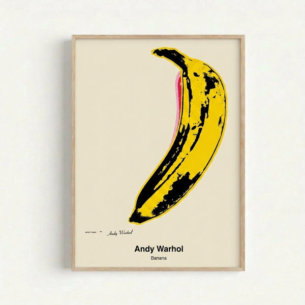 Playful pop art banana print featuring vibrant yellow tones and high-contrast black and white elements, contemporary wall art.