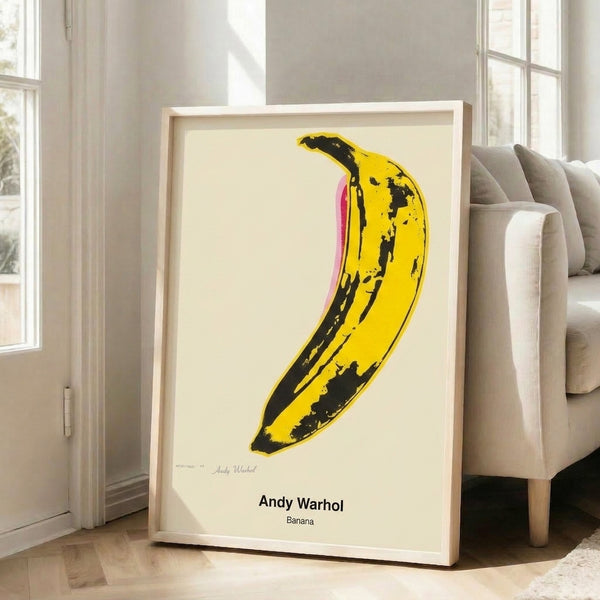 Contemporary pop art banana illustration with bold yellow color and graphic black detailing, iconic modern poster print.