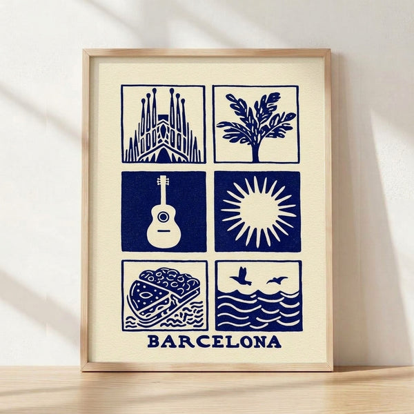 Bauhaus-style grid poster in navy blue and cream featuring minimalist icons of a cathedral, tree, guitar, sun, boat, and birds arranged in orderly sections, evoking coastal Barcelona charm.
