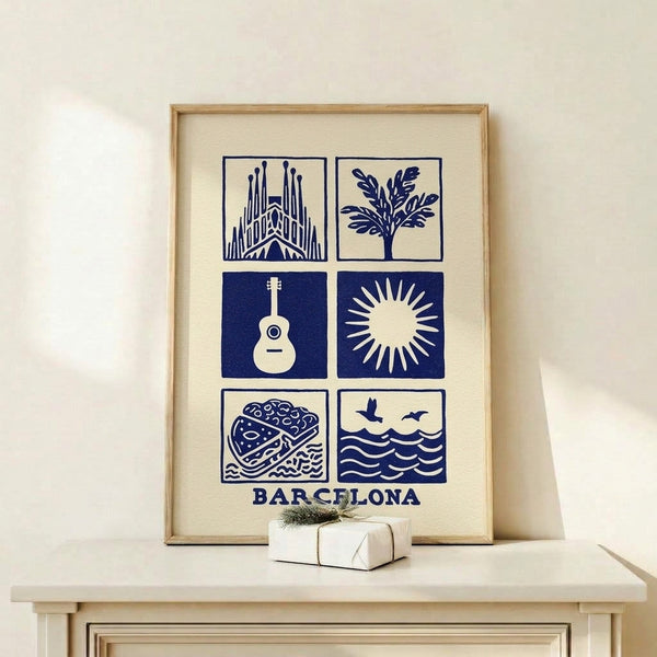 Midcentury modern art print with organized geometric grid layout in navy and off-white, displaying iconic symbols including a sailboat, sun, guitar, and birds in minimalist Bauhaus design.