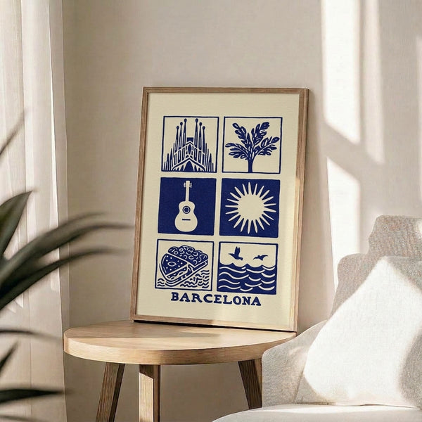 Framed minimalist poster showcasing navy blue and cream Bauhaus composition with iconic coastal imagery—cathedral, water, tree, and sun—arranged in structured geometric sections.