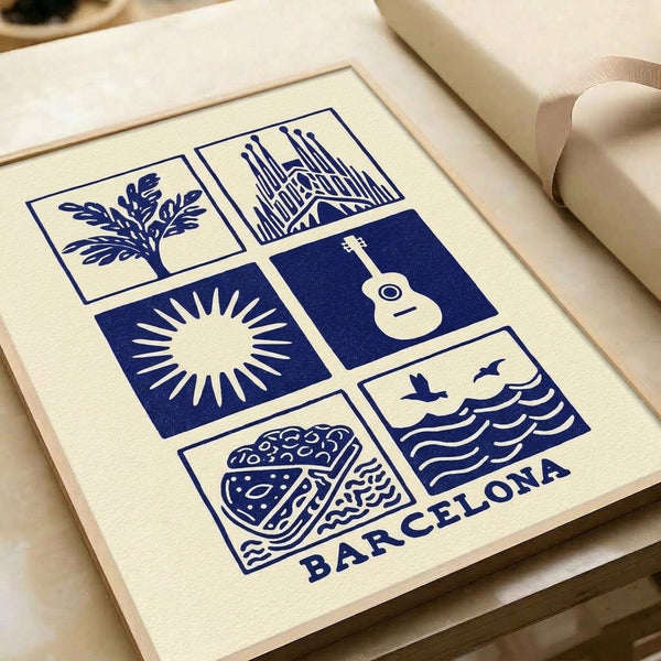 Navy and cream midcentury modern grid print featuring orderly Bauhaus-inspired icons of a cathedral, boat, guitar, birds, and natural elements in minimalist style on wall art.