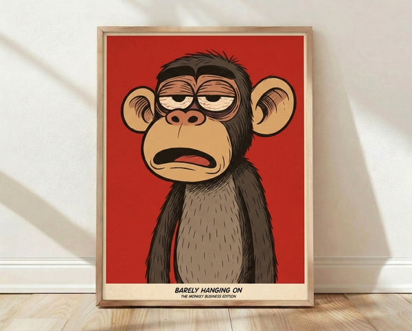 Pop art poster of a monkey clinging to a branch with an exhausted, sarcastic expression in bold red, tan, and black tones.