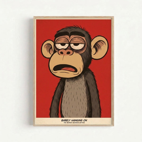 Retro modern art print featuring a frustrated monkey barely holding on, rendered in vibrant pop art style with warm cream and red accents.